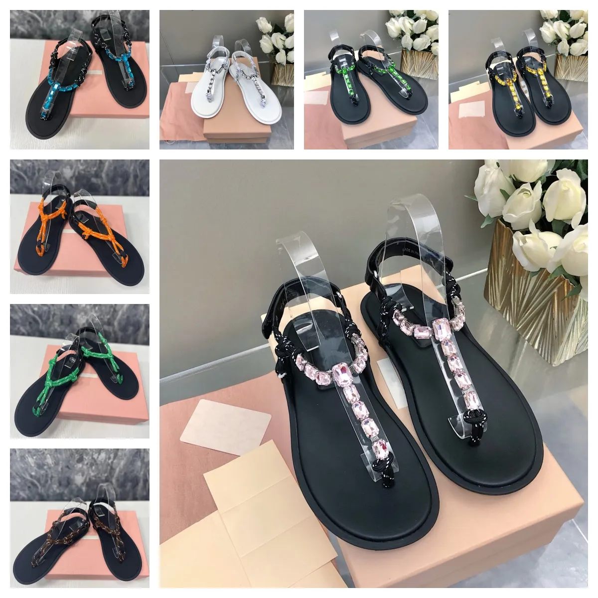 Designer-Schuhe, Damen-Sandalen, Hausschuhe mit flachem Boden, Flip-Flop-Diamant-Sandalen, bequeme Hausschuhe, dicke Seil-Sandalen, flache Strand-Sandalen, schwarze Außensohle, minimalistisch