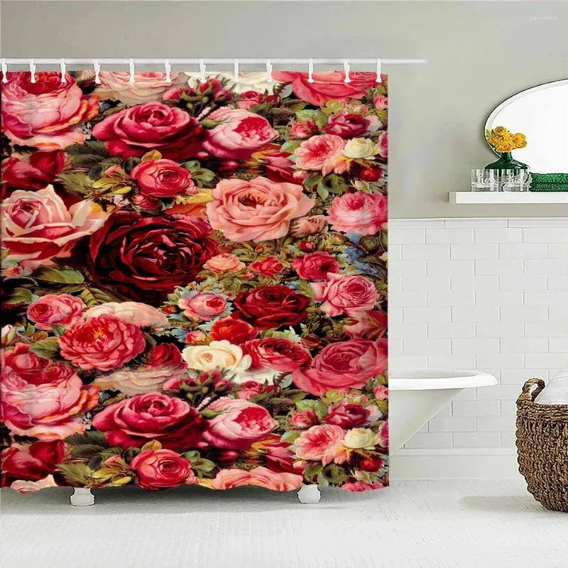 Rideaux de douche Coloré Rose Fleurs Impression Rideau Salle De Bain Fleur Feuille Imperméable Polyester Tissu Baignoire Décor Avec Crochets