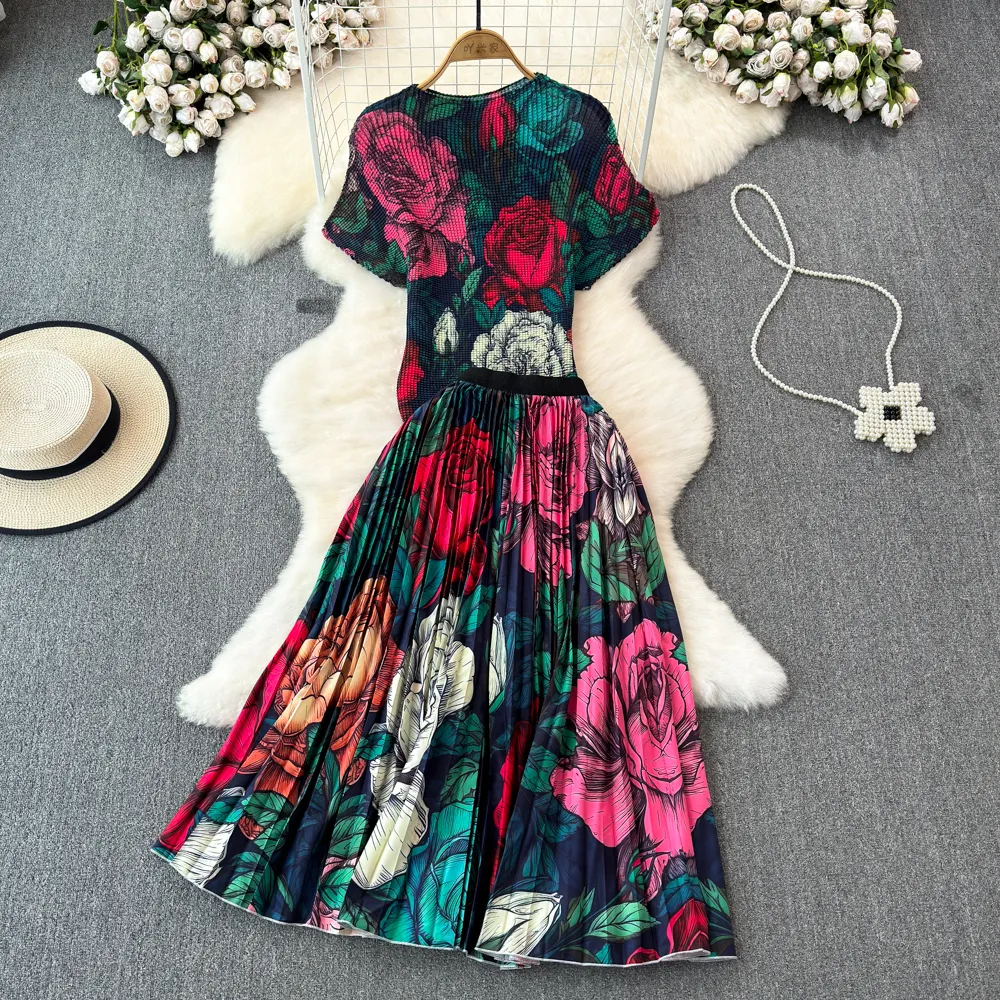 Two Piece Dress 2024 Summer Runway Skirt Suit Women's Turtleneck Vintage Print Stretched Tops High Waist A-Line Long Skirt Suit Female Outfits