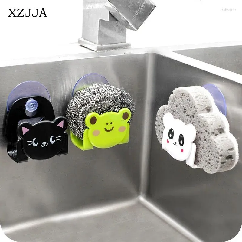 Crochets XZJJA 1PC mignon dessin animé ventouse support de rangement multi-fonction Drainage éponge porte-savon cuisine salle de bain articles divers organisateur