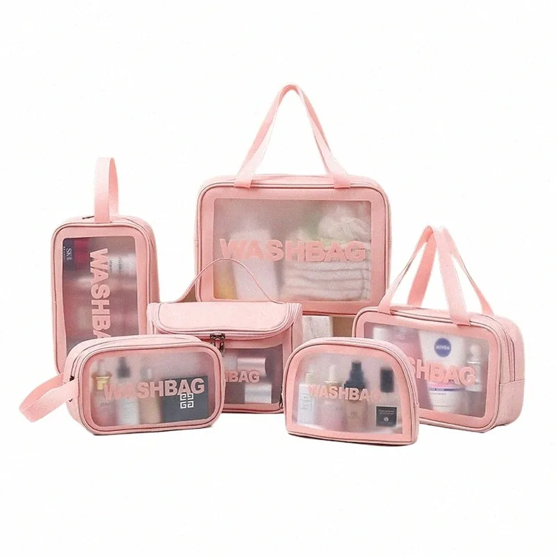 Ny transparent sminkpåse 6-stycke Set PVC toalettartikelagring Bad Bad Swimming Beach Bag PU Sanding Y713#