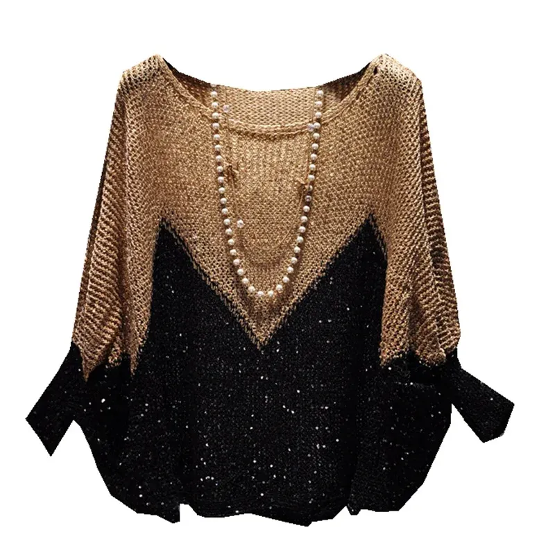 2024 Sequin Knitted Pullover Sweater for Women, Long Sleeve Round Neck Casual Jumper Bling Shinny Lurex Knit Pull Femme