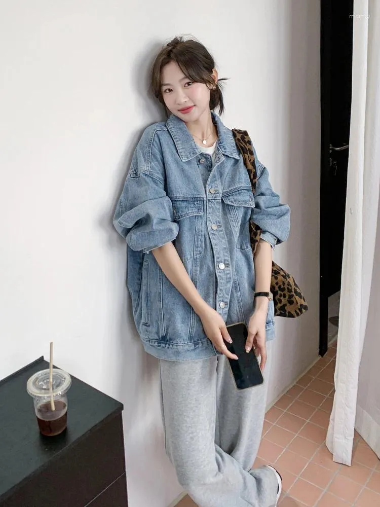 Vestes pour femmes Veste en jean Bleu clair Coton lavé Printemps Automne Style coréen Rétro Lâche Casual Mode Tendance Revers à poitrine unique