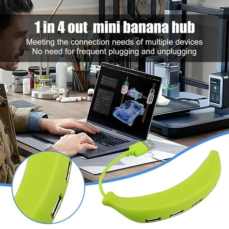 Banana Shaped USB Hub - 4-Port USB 2.0 Splitter With Type C Adapter