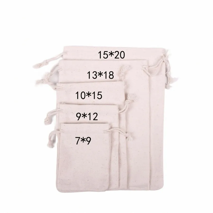 100pcs/lot Natural Cott Bags 7x9 9x12 10x15 13x18 15x20cm Drawstring Gift Pouches Home Storage Sacks Packing Bag Custom Logo x1G3#