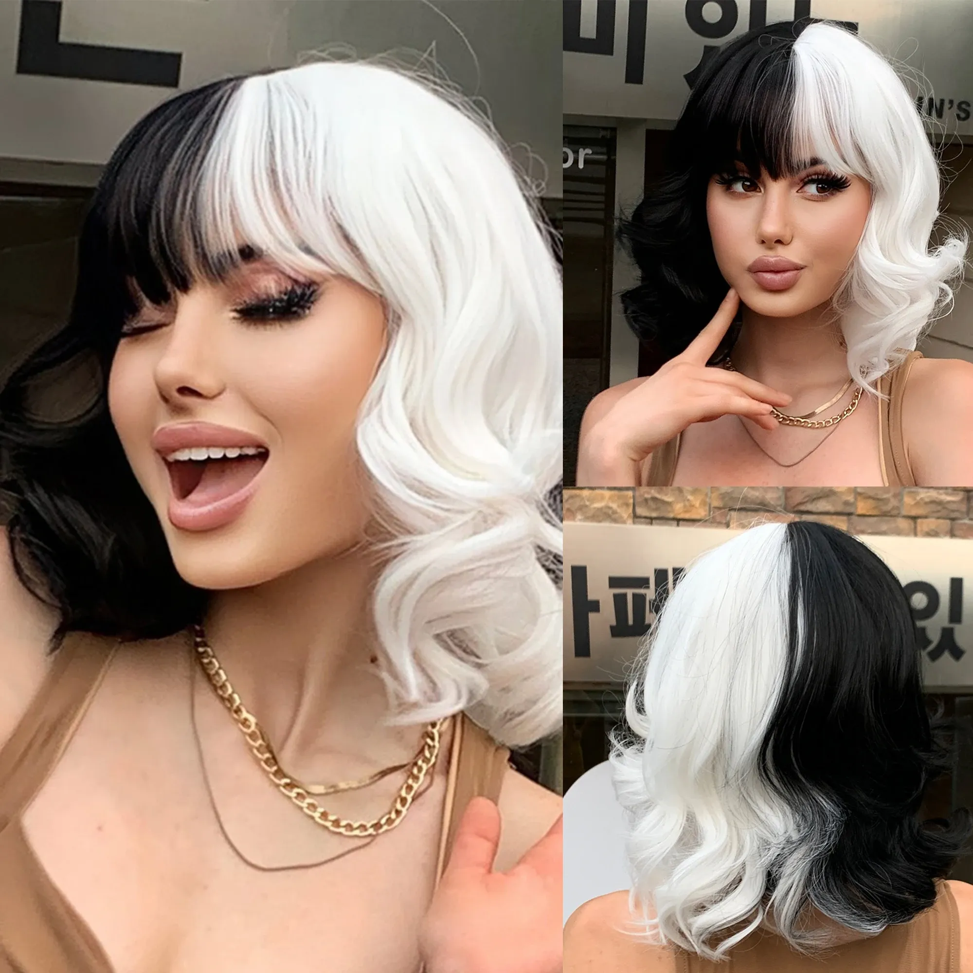 Perruques Cruella à moitié noire blanche wig avec frange femmes filles courtes curly perruque ondulée de cheveux noirs et blancs perruques de costume de cosplay halloween