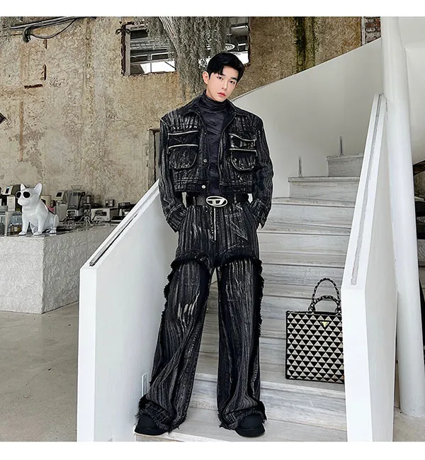 NOYMEI Denim Jacket and Jeans Set Men Casual Single-Breasted
