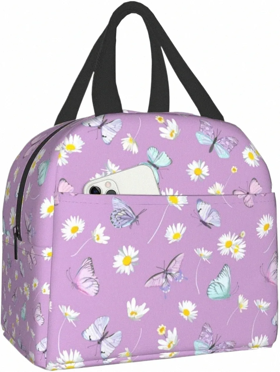 Daisy Frs Butterfly Purple Sac à lunch Voyage Travail Bento Cooler Réutilisable Fourre-tout Boîtes de pique-nique Sacs isolés pour femmes t750 #