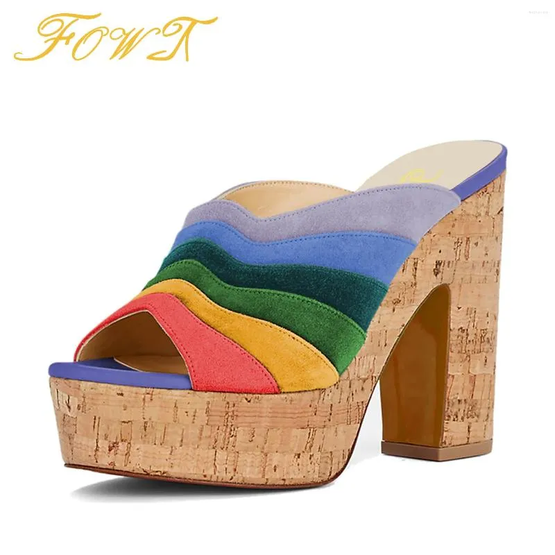 Slippers Rainbow Autumn Concise Cork Platform Women Sandals Super High Square Heels Fashion Colorful For Dress Beach Lady Shoes