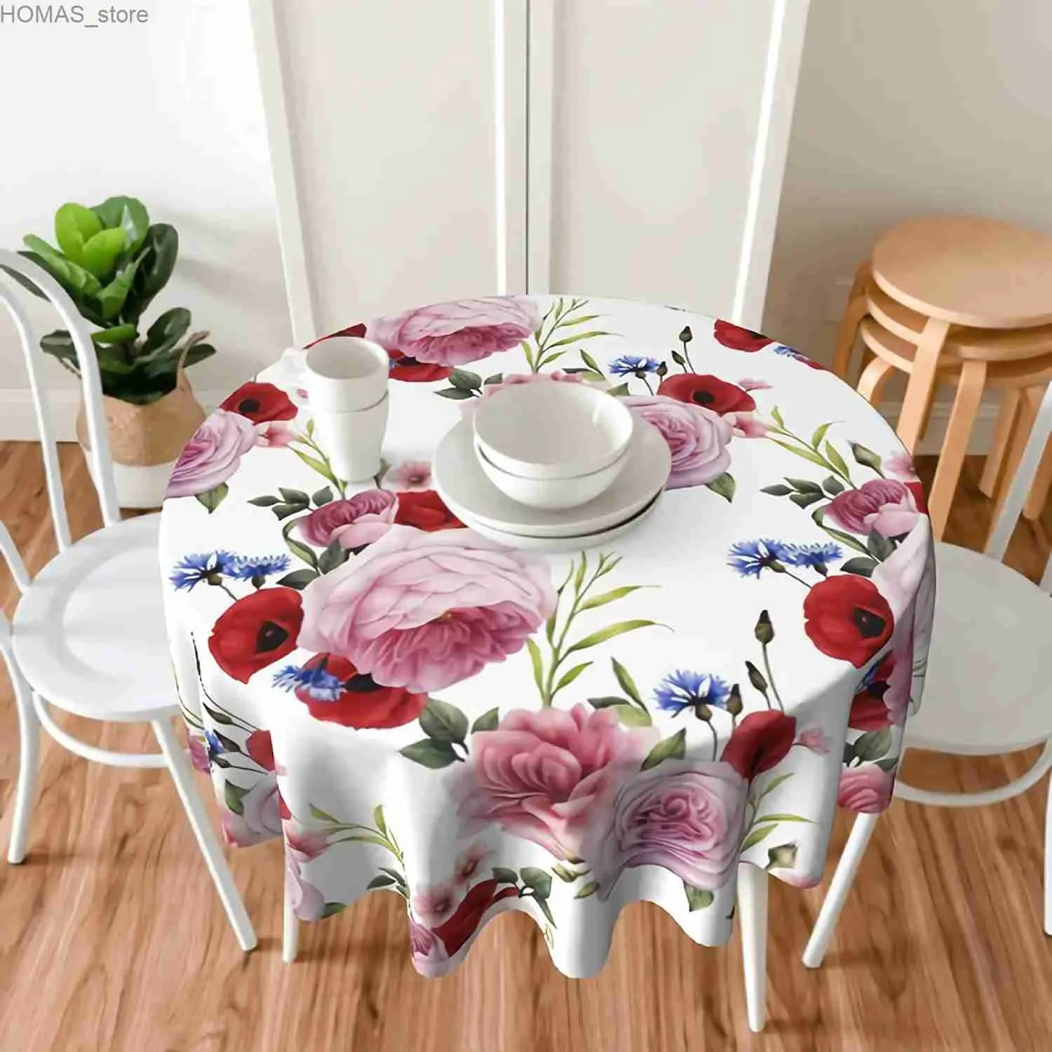 Bordduk Flower Multicolor Floral Roses Drabla Rund 60 tum Bord Täck Polyester Wrinkle-resistent vattentät utomhusbordsduk Y240401