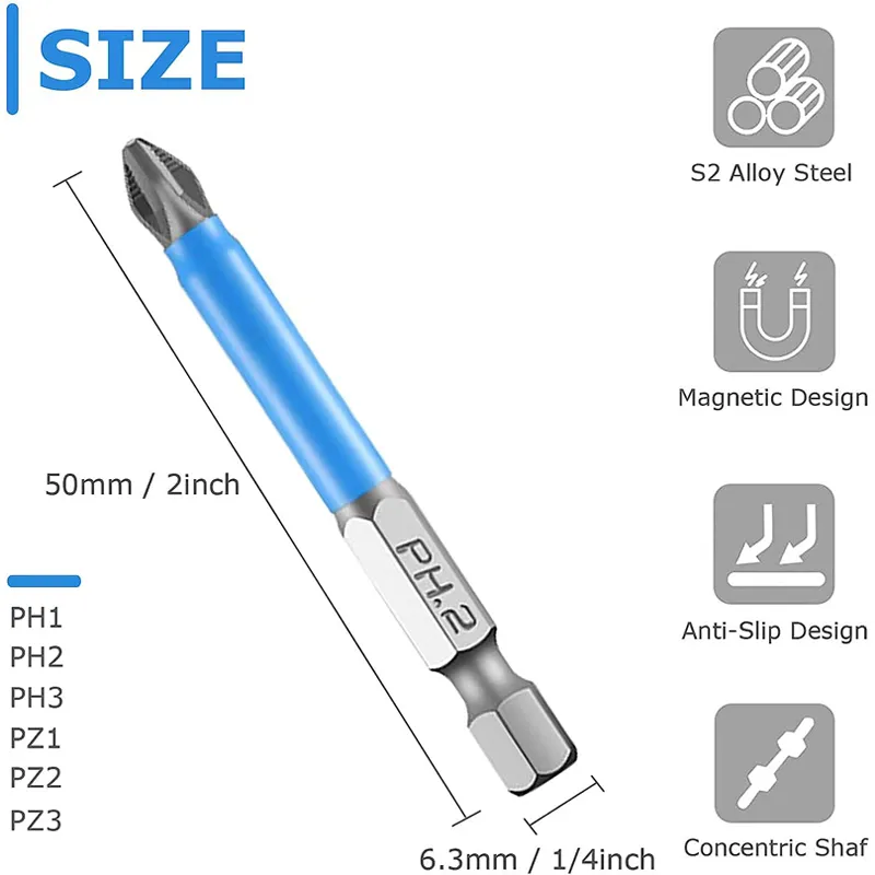 2/3/5/50mm PH2 Cross Bit Drill Head Skruvmejsel Bit Handverktyg Anti Slip Electric Hex Shank Magnetic Screwdriver Drill Bit