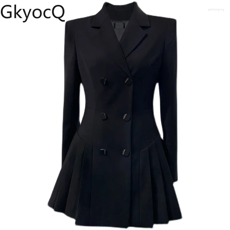 Robes décontractées Gkyocq coréen chic femmes robe élégante luxe col rabattu manches longues taille haute double boutonnage une ligne blazer