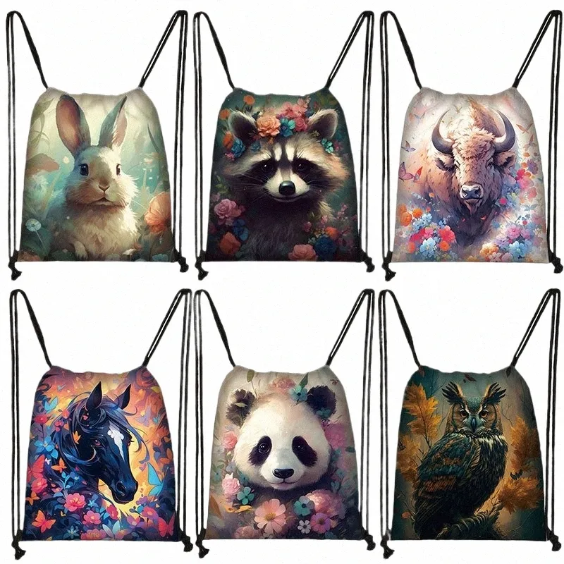 animali Racco Horse Gufo Borsa con coulisse Kawaii Panda Zaini Borsa da viaggio per esterni Borsa per scarpe Titolare Borse per libri per adolescenti Regali T7Ab #