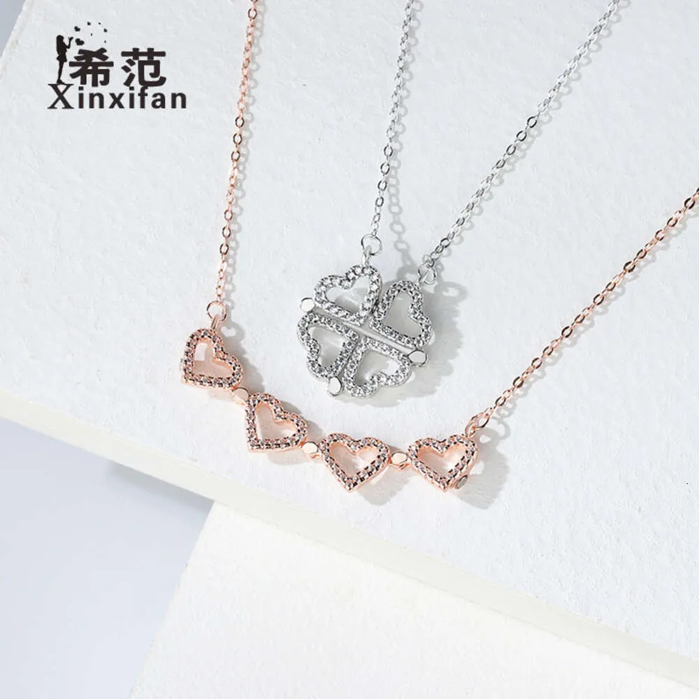 Kinesiskt märke Pure Silver Heart to Heart Clover Necklace, Women's Fashion CollarBone Chain, Love Folding, A Creative Two Wear Silver Jewelry