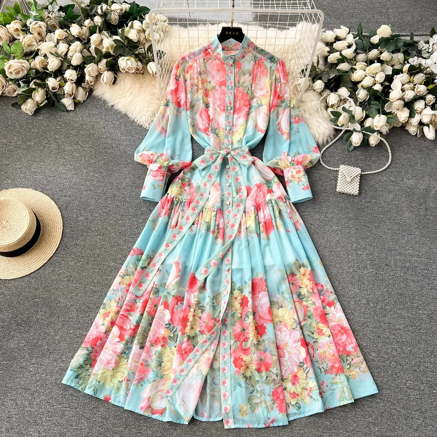 Basic Casual Jurken 2024 Lente Zomer Bloemenprint Chiffon Boheemse Jurk Dames Stand Lange Lantaarnmouwen Ruches Knopen Riem Maxi Gewaad Vestidos