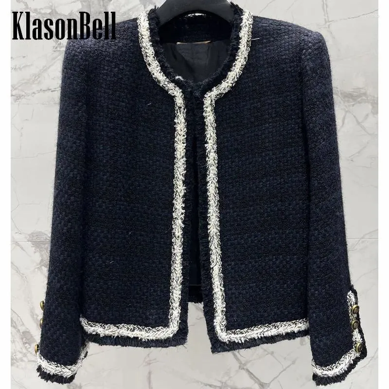 Damenjacken 2.2 KlasonBell Mode Persönlichkeit O-Ausschnitt Blazer Frauen Kleidung Handgemachte Webart Plaid Wolle Tweed Kurze Jacke