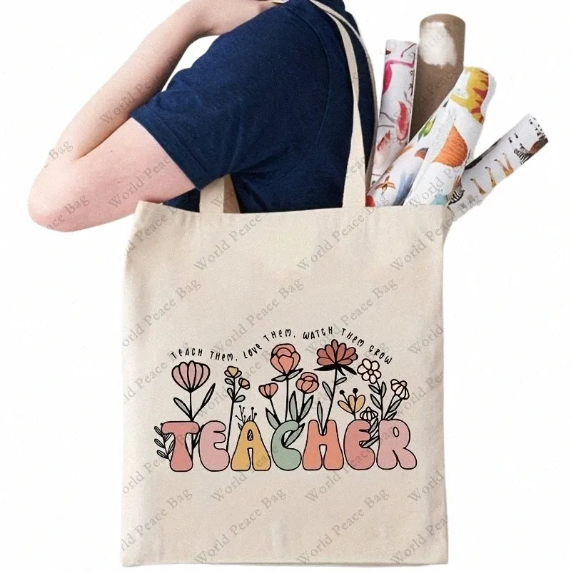 Floral Teacher Tote Bag Teach, Love, Grow Pattern, Stylish