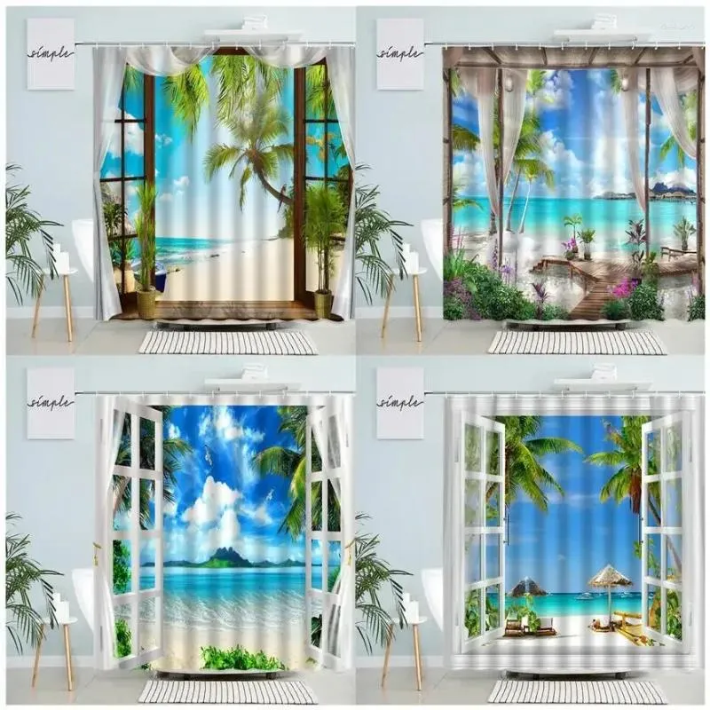 Dusch gardiner ö palmträd strandblommor växter papegoja hav landskap bad gardin modern tyg badrumsdekor med krokar
