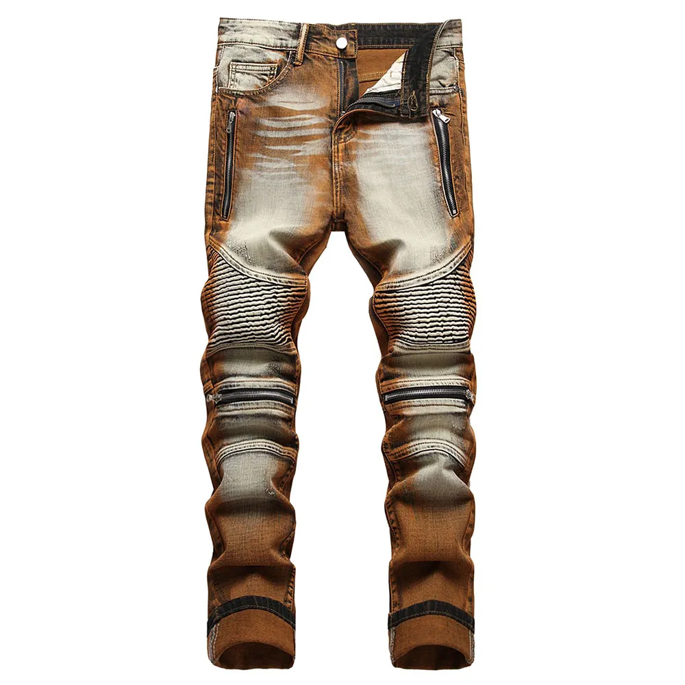 Mens Stretch Denim Biker Jeans Streetwear Zippers Pleated Patch Patchwork Slim Tapered Trousers From Homepro19 56.58 DHgate.Com