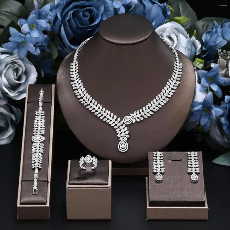 Halsband örhängen set rysk högkvalitativ zirkonium 4 -stycken lyx brud stora bröllop smycken eleganta kvinnor prom party styling design