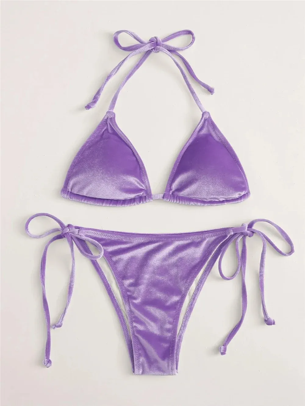 DHgate Alluring Purple Velvet Triangle Bikini Set Sexy String Halter Micro Thong Swimsuit for Women Sports Outdoors