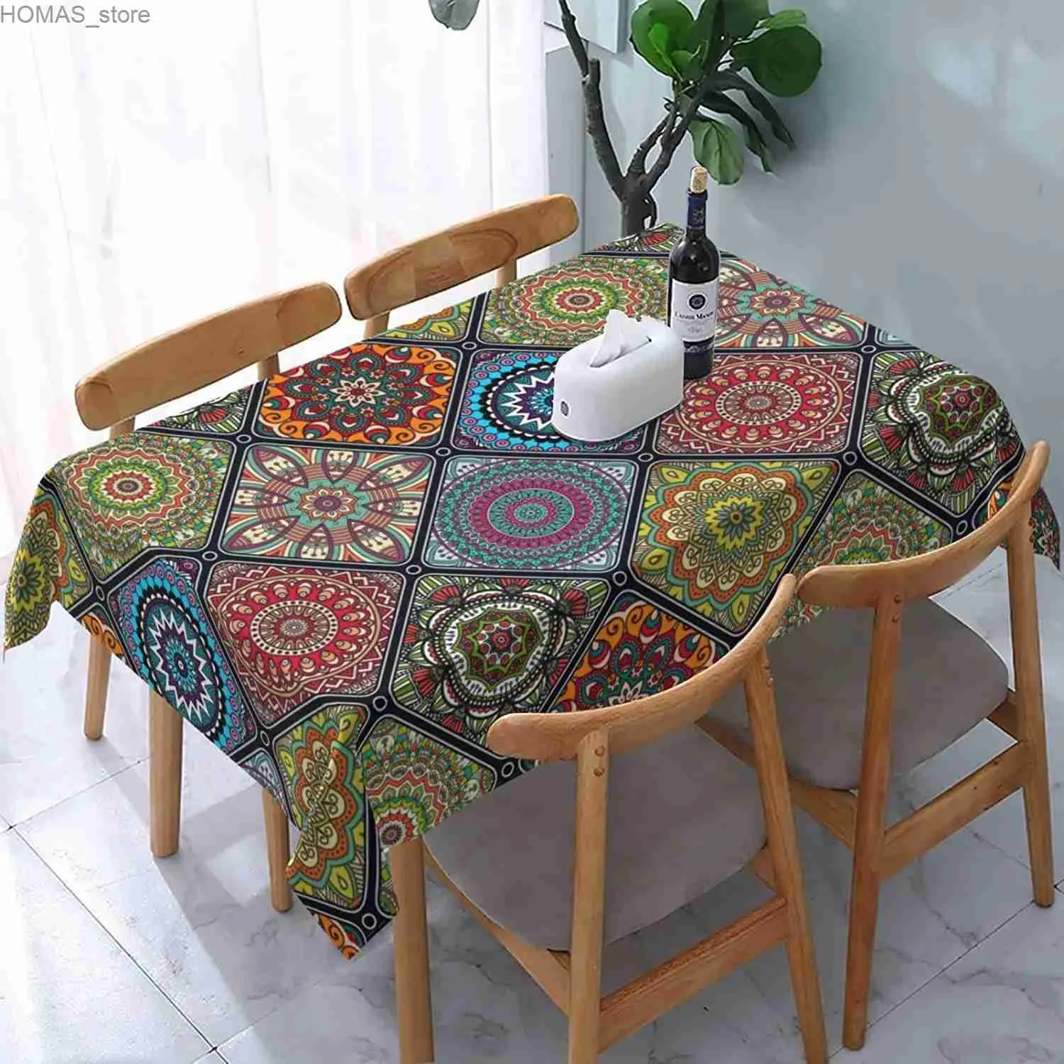 Bordduk Färgglada boho mandala rektangel dukdukar kök matbord dekor återanvändbar vattentät bordsduk bröllopsfest dekorationer y240401