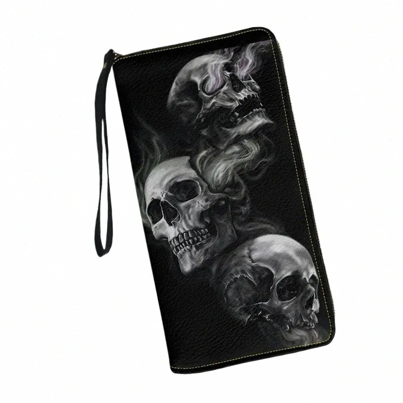 belidome Skelet Skull Black Wallet para Mulheres RFID Bloqueio PU Couro Zipper em torno de carteiras Clutch Wristlet Travel LG Purse 64Fm #