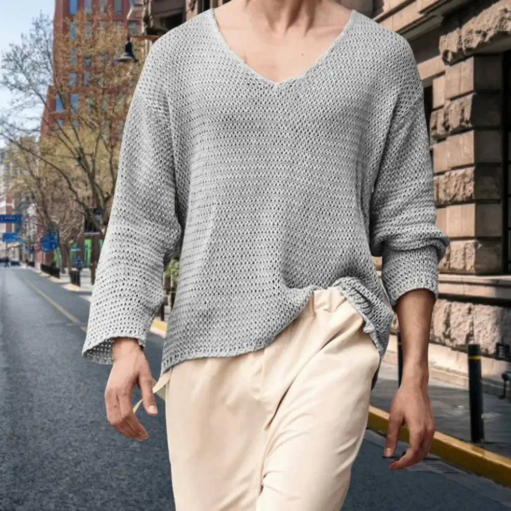 Breathable Knit V-Neck Pullover Comfy Long-Sleeve Loose Sweater
