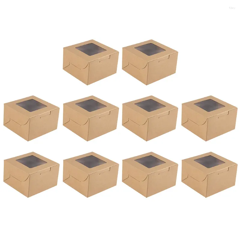 Ta ut containrar 10 datorer Kraft Paper Pastry Box Cupcake Case Support Dessert Holder Bakery Boxes With Clear Window