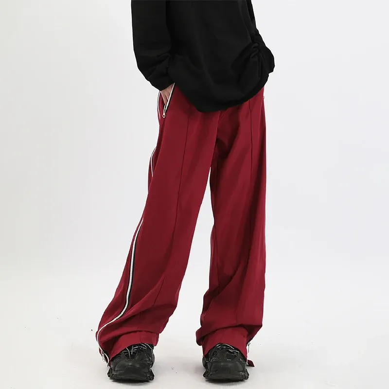 Men's Wide Leg Sweatpants with Side Zips - Casual Loose Fit, 2024 Streetwear Style - Red & Black Trousers, Zipper Split Men's Wide Leg Sweatpants with Side Zips - Casual Loose Fit, 2024 Streetwear Style - Red & Black Trousers, Zipper Split