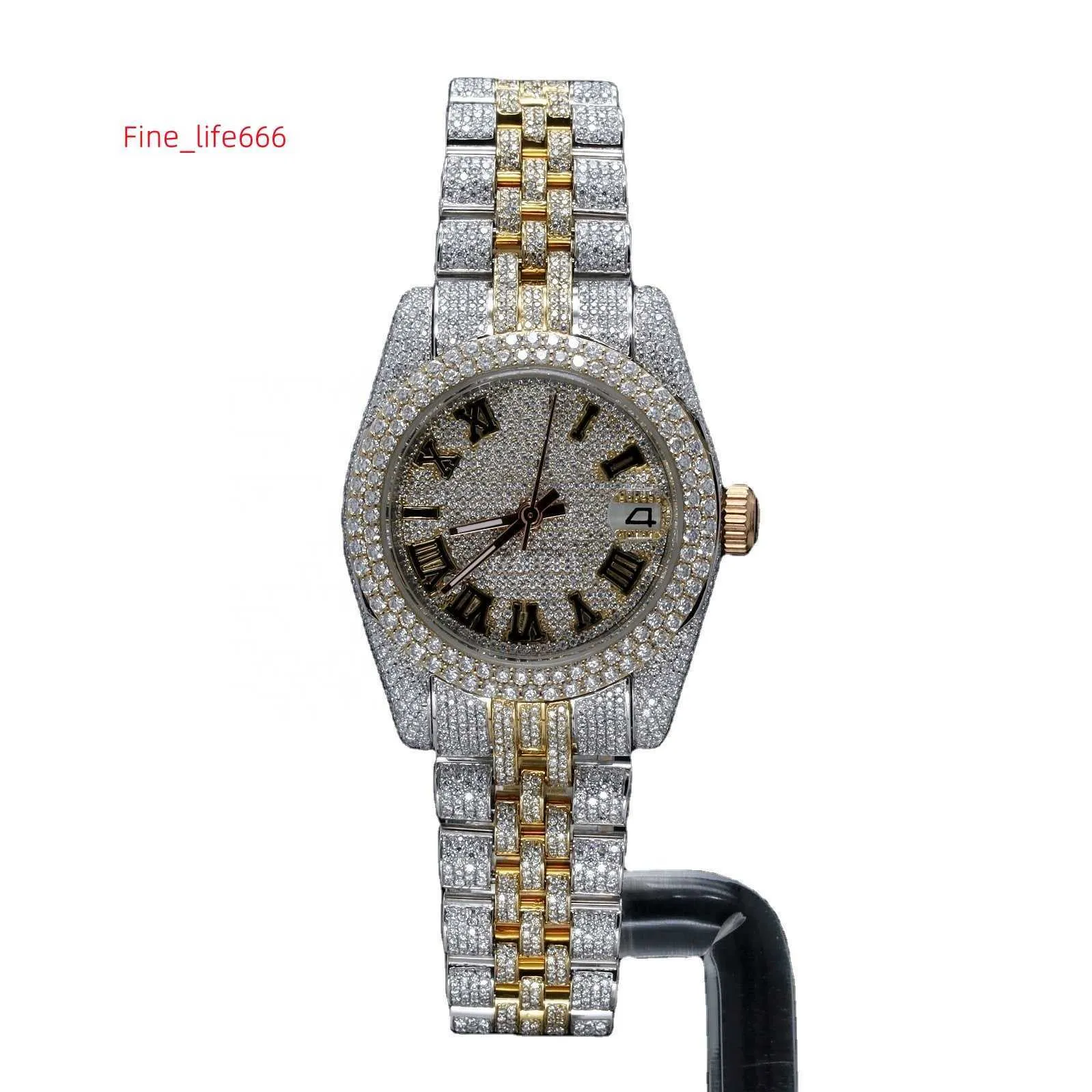 مخصص VVS1 Moissanite Diamond Hip Hop Watches تلقائي مصنوع يدويًا Mossanite مرصع بالفولاذ المقاوم للصدأ حزامًا أصليًا