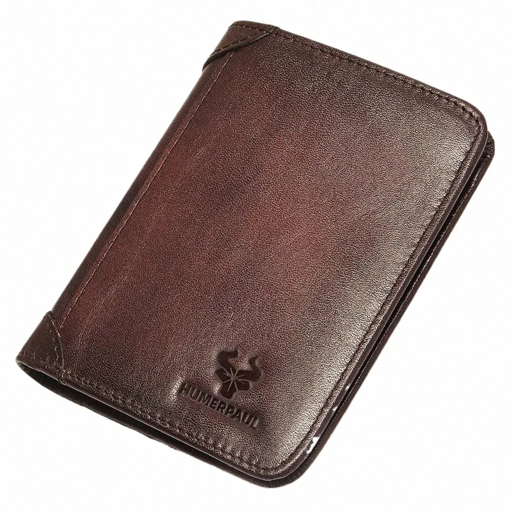 genuine Leather RFID Protect Wallet for Men Slim Trifold Frt Pocket Mey Bag Anti-theft Brush Head Layer Cowhide Card Holder u9pT#