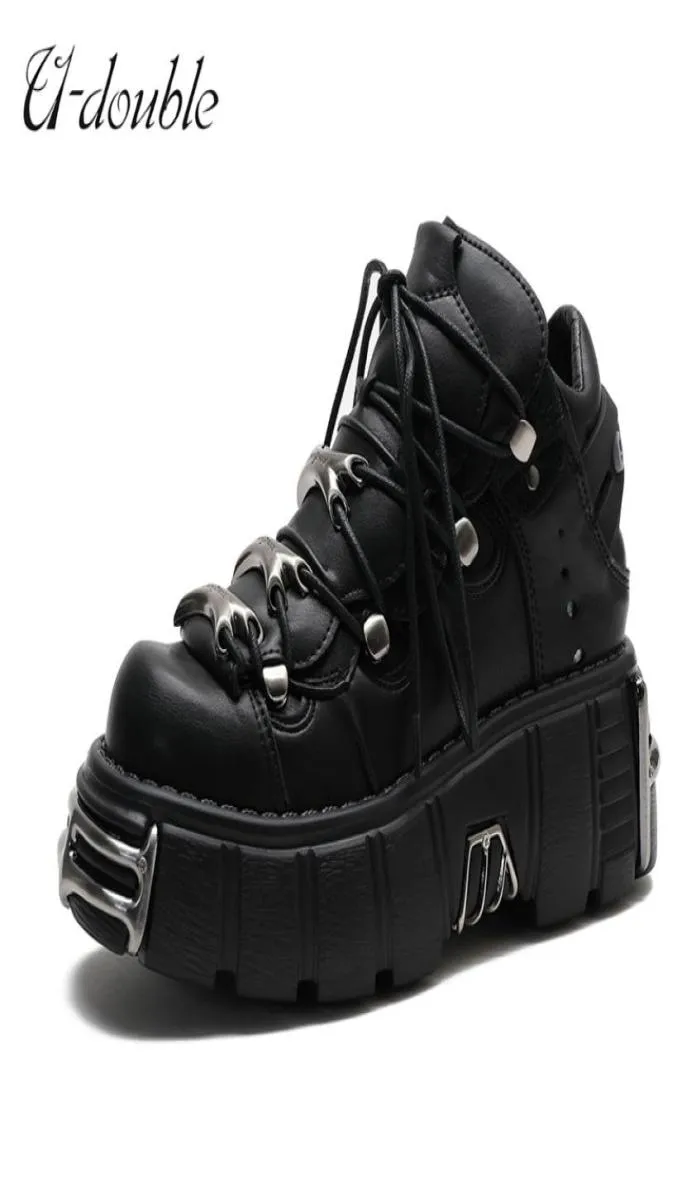 UDOUBLE/брендовая женская обувь в стиле панк, обувь на платформе со шнуровкой, высота 6 см, женские готические ботильоны, женские кроссовки с металлическим декором 29539311