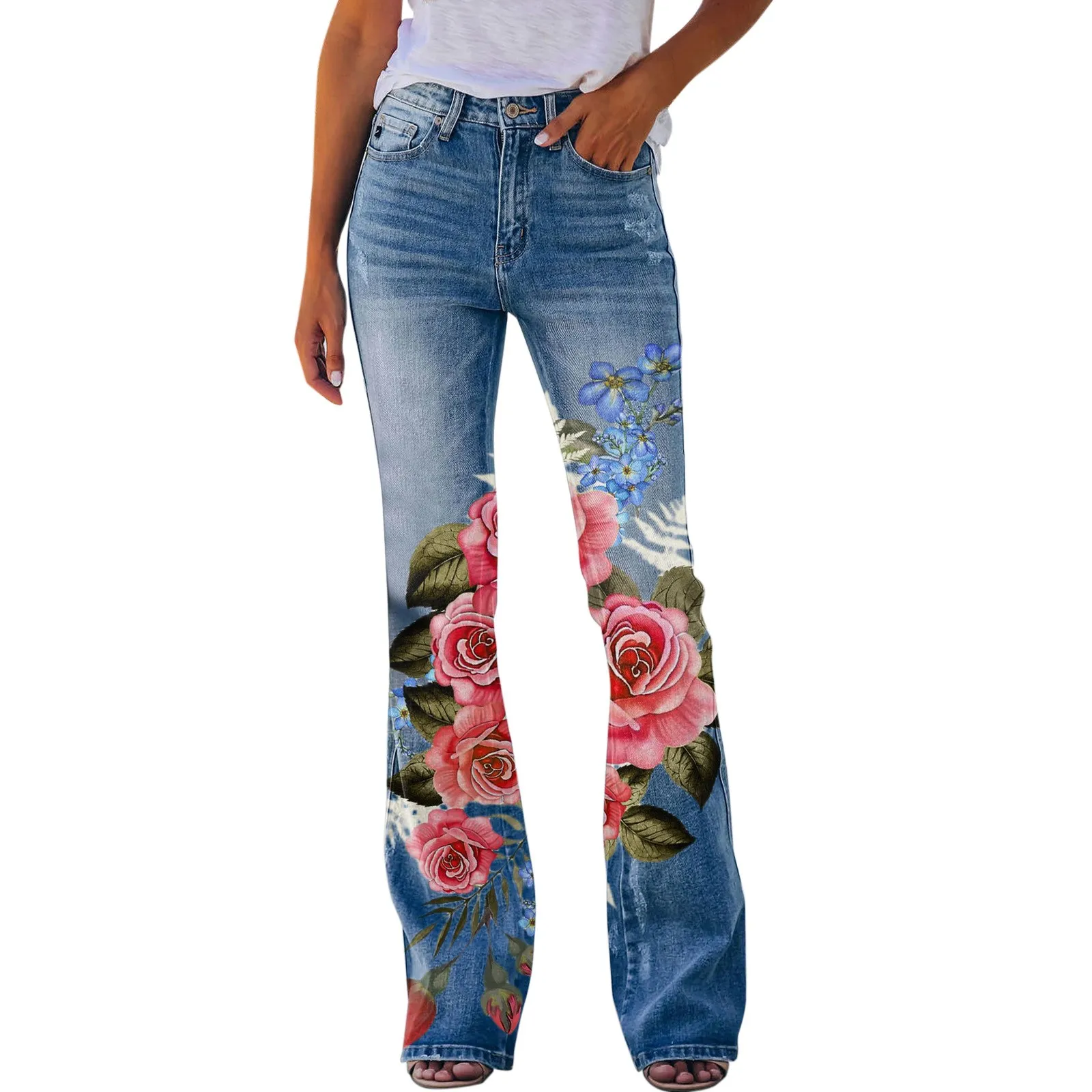 Women's Embroidered Bell Bottom Jeans - Stretch Flared Wide Leg Denim, Sunflower Embroidery, Size 4 - View #5