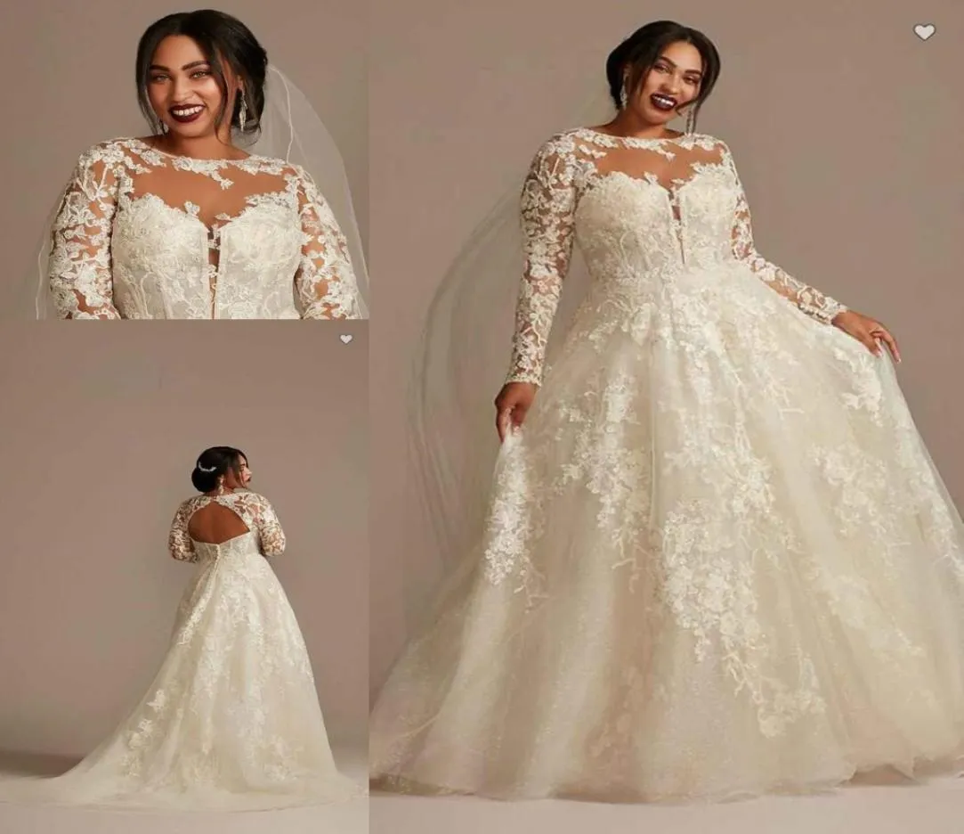 OLEG CASSINI Кружевные иллюзии с длинным рукавом Свадебные платья больших размеров 2022 Прозрачная аппликация с цветочным принтом Пышная юбка Princess Bridal Gow7254648