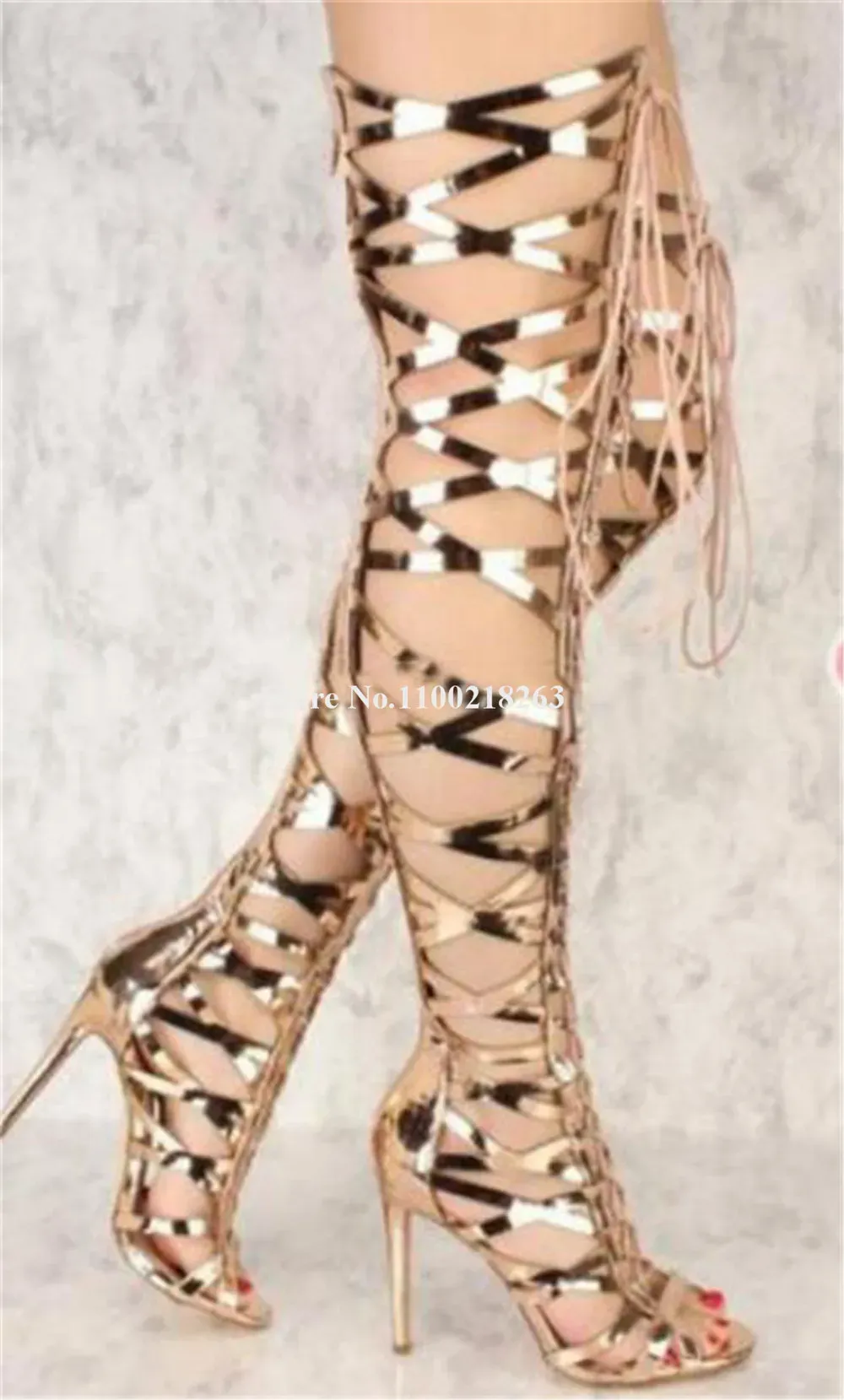 Blue And Silver Iridescent Cross Long Gladiator Peep Toe Boots With Snake Pattern Leather Stiletto Heel And Open Toe From Factory Ddmymaster Bulk 134.53 DHgate.Com