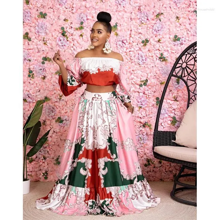 Work Dresses MOOVOOK 2024 Fashion Floral Floral Print Off Shoulder Short Top High Waist Loose Comfortable Patchwork Long Dress Suit