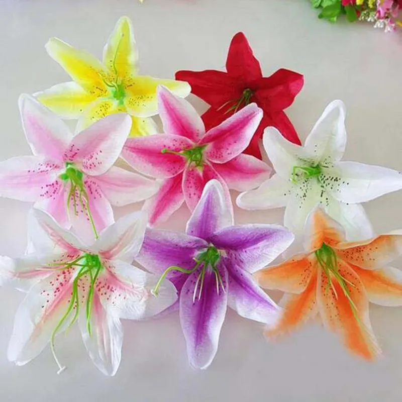 100pcs DIY Artifical Lily Silk Flower Head 13cm W Stamen Core Create Christmas Birthday Wedding Bouquet Gift f mother home decor