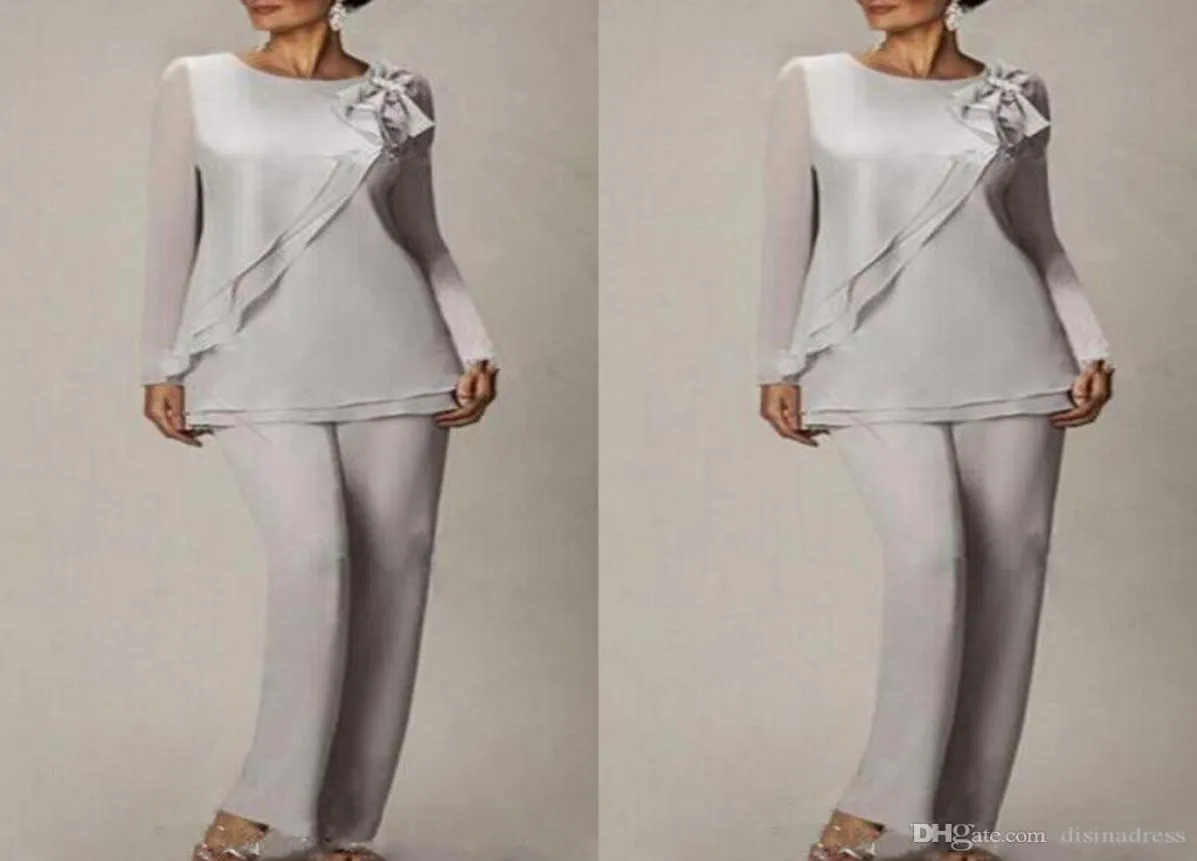 Argent mousseline de soie été mère de la mariée pantalon costumes deux pièces manches longues grande taille mariage mères robe d'invité sur mesure 3865493