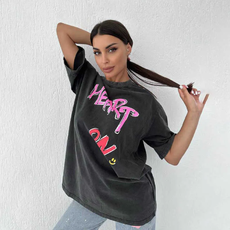 High Street T-shirt in Amerikaanse stijl voor dames met korte mouwen en trendy merk losse casual ronde hals trui met letters bedrukt