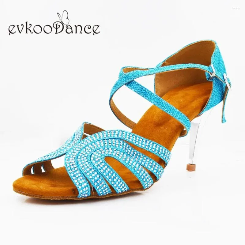 Chaussures De danse Evkoodance Zapatos De Baile taille US 4-12 bleu paillettes avec strass talon 8.5 cm professionnel Evkoo-570