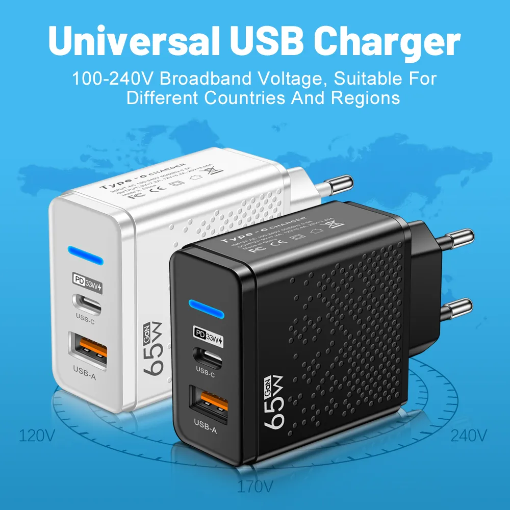 65W USB C Charger Adaptateur mural de charge rapide PD Type C QC 3.0 Power Portable pour iPhone Samsung Android Tablet Mobile Phone