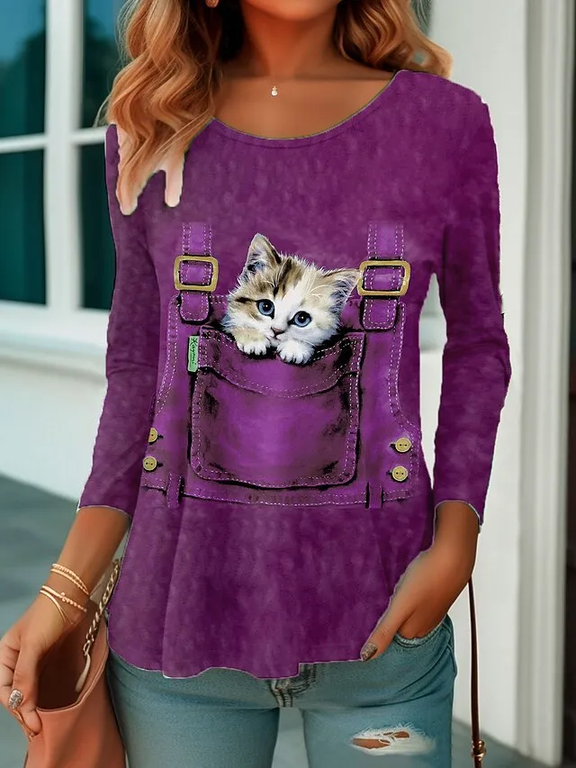 ★Fallett★CAT PRINT LONG SLEEVES DHgate.com:Womens Fall Loose Oversized T-shirts 3D Graphic