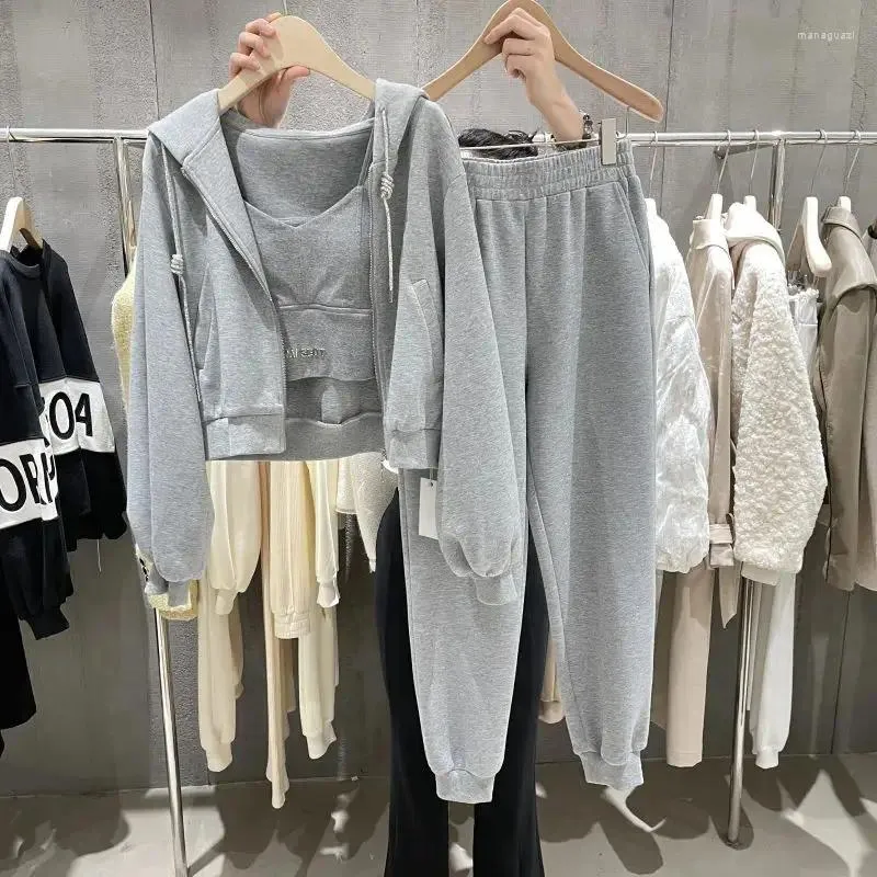 Women's Two Piece Pants Autumn 2024 Loose Sports And Leisure Hoodie Short Vest High Waist Ankle-Tied Trousers Outer Wear Three-Piece Suit