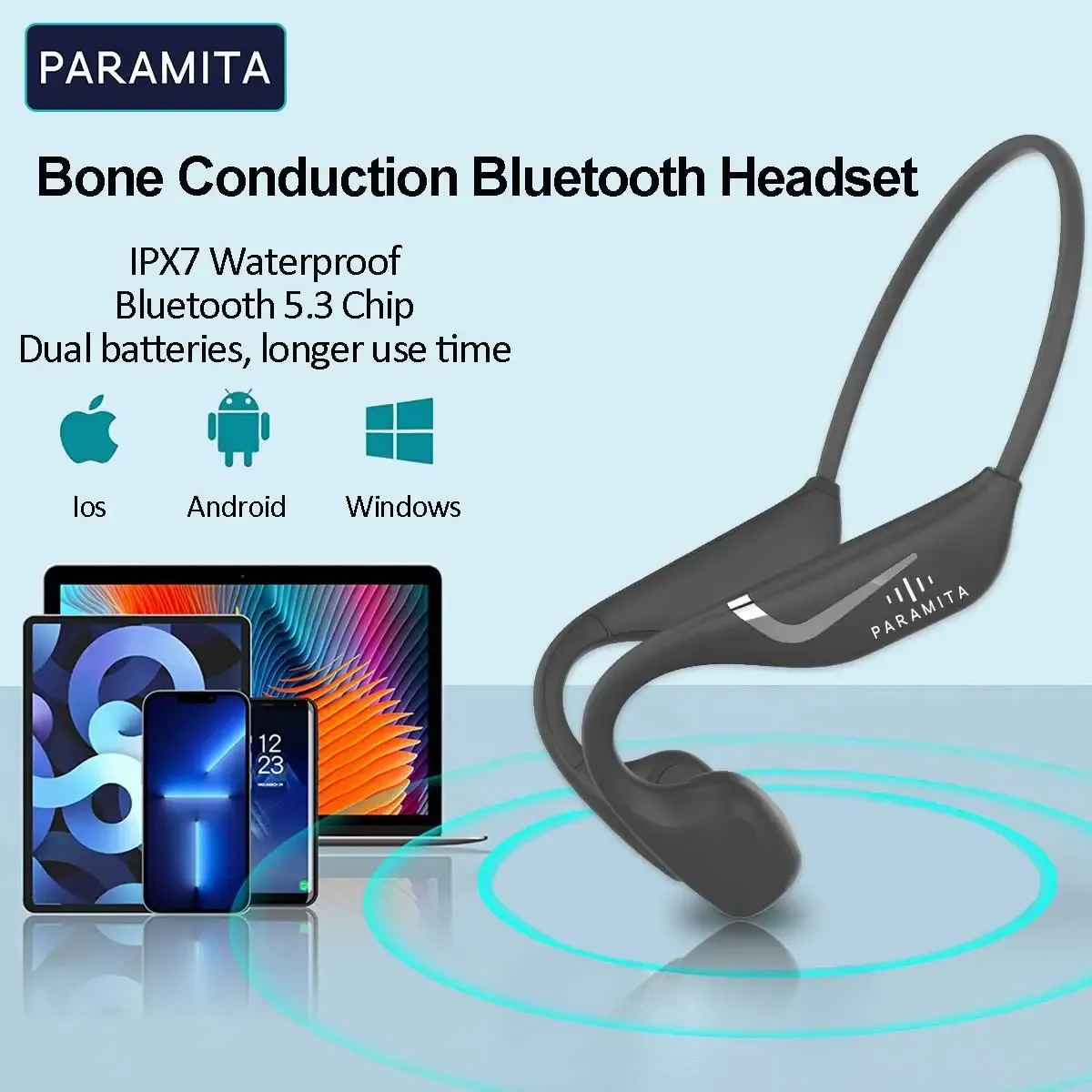 Hoofdtelefoon PARAMITA Beengeleiding Draadloze Bluetooth-headset BT5.3 Dubbele batterij Superlange batterijduur Waterdicht Sport Hardlopen Fietsen