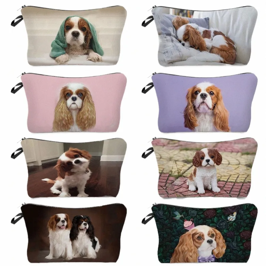 Söt King Charles Spaniel Cosmetic Bag Heat Transfer Print Makeup Påsar Big Storage Bag For Travel Women's Bag Child Pencil Case L6ub#