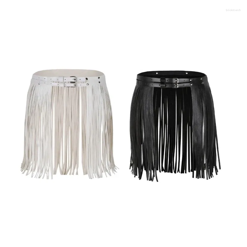 Skirts Womens Punk PU Leather Fringed Tassels Skirt Double Buckled Wide Waist Belt Waistband Party Latin Dance Costume