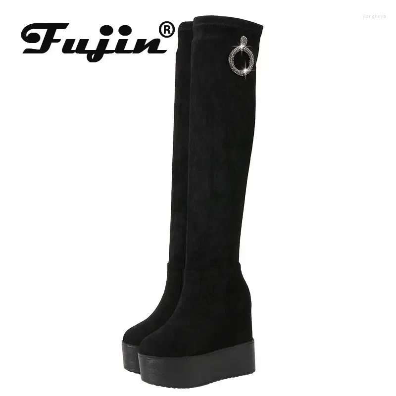Buty Fujin 12cm platforma rozciągająca platforma klinowa sprężyna sprężyna na kolanach mikrofibry Wysoka Kobiety Pluszowy zimowy skarpetka Knitte buty