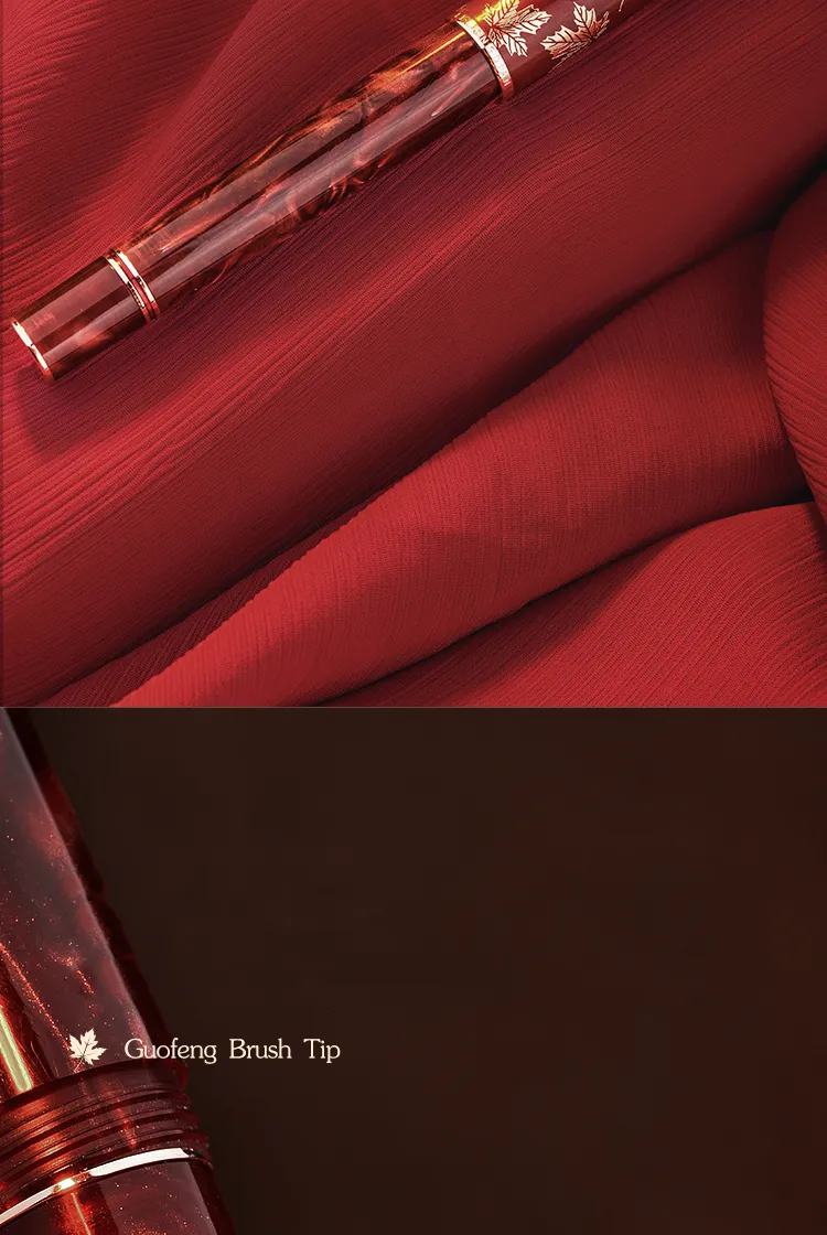 Hongdian N8 Red Acrylic Resin Fountain Pen – Fine Nib, Maple Leaf Carving – Gold Trim
