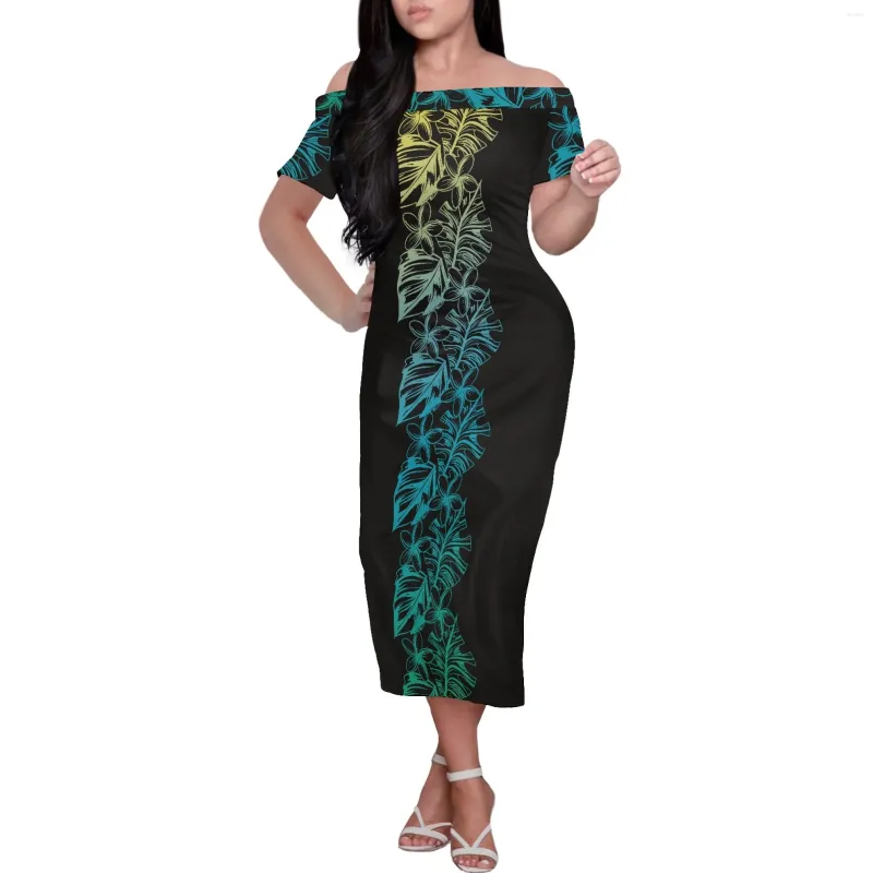 Partykleider 2024 Hohe Qualität Kurzarm Langes Kleid Damen Kleider Sexy Mode Polynesian Samoan Palmblätter Drucken Frauen Schulterfrei